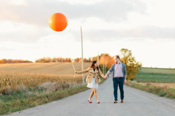 Whimsical engagement photos in an orchard. rebeccachan.ca